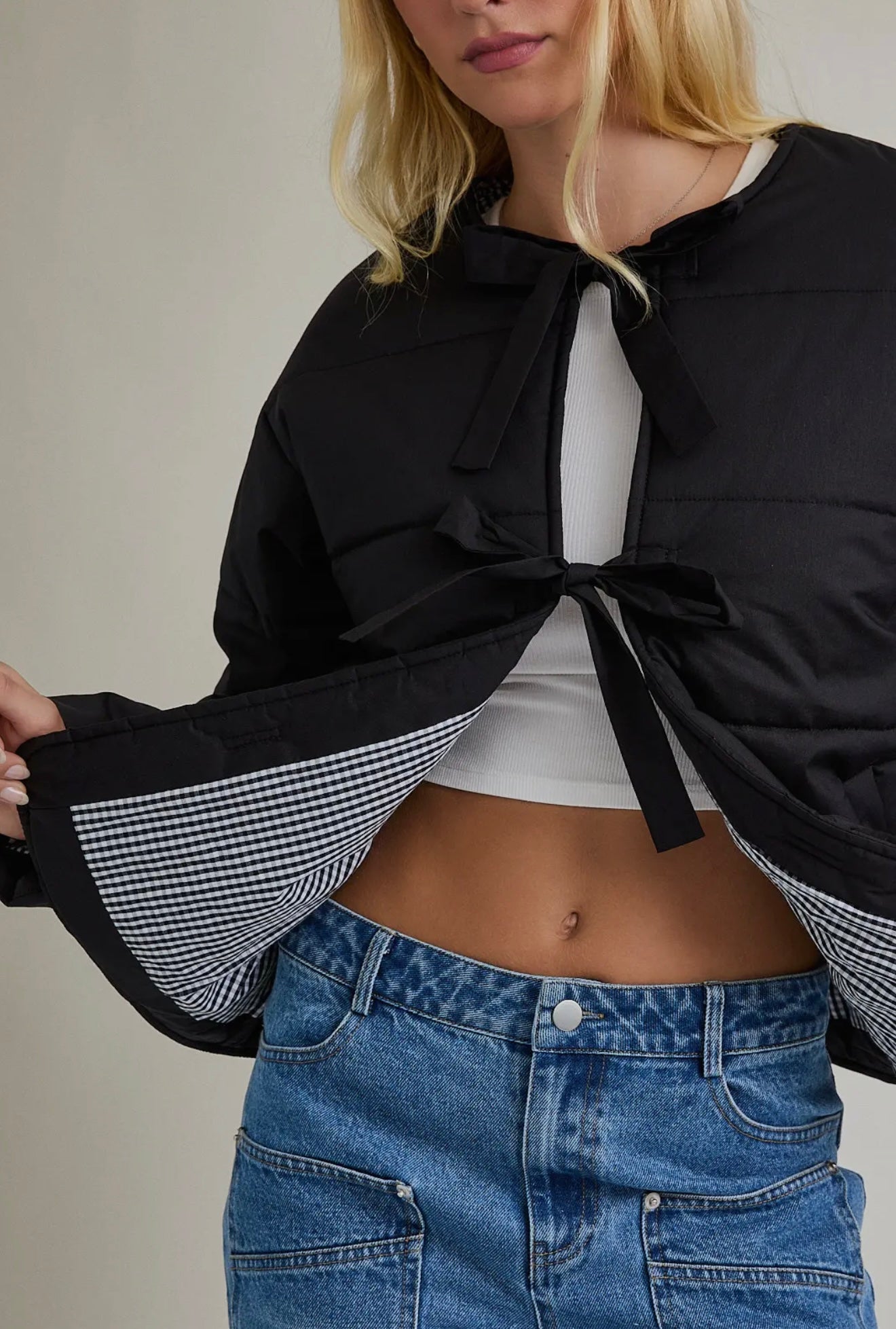 Puffer Jacket With Ribbon Tie