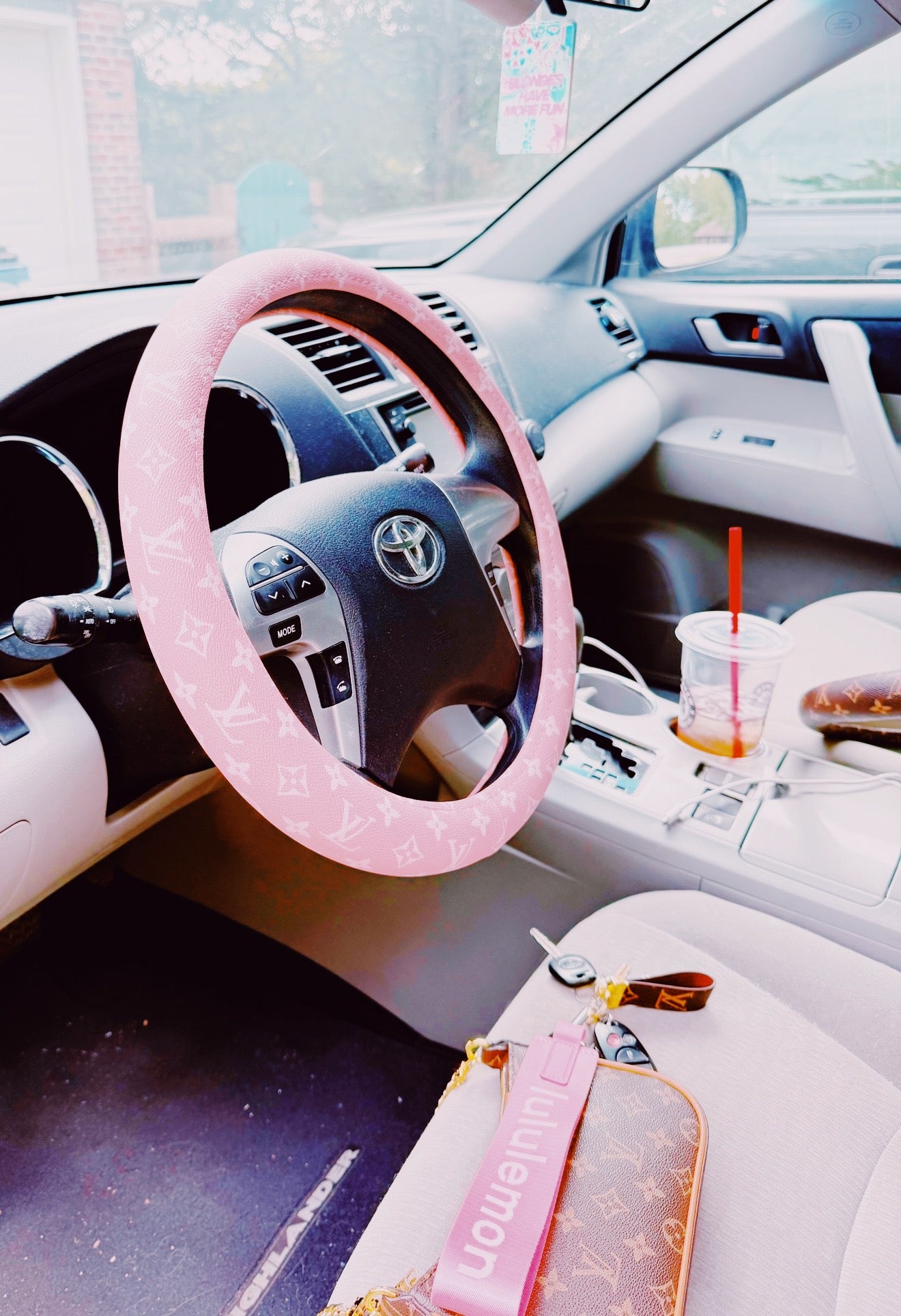 Signature Pink Monogram Steering Wheel Cover - UNIVERSAL FIT