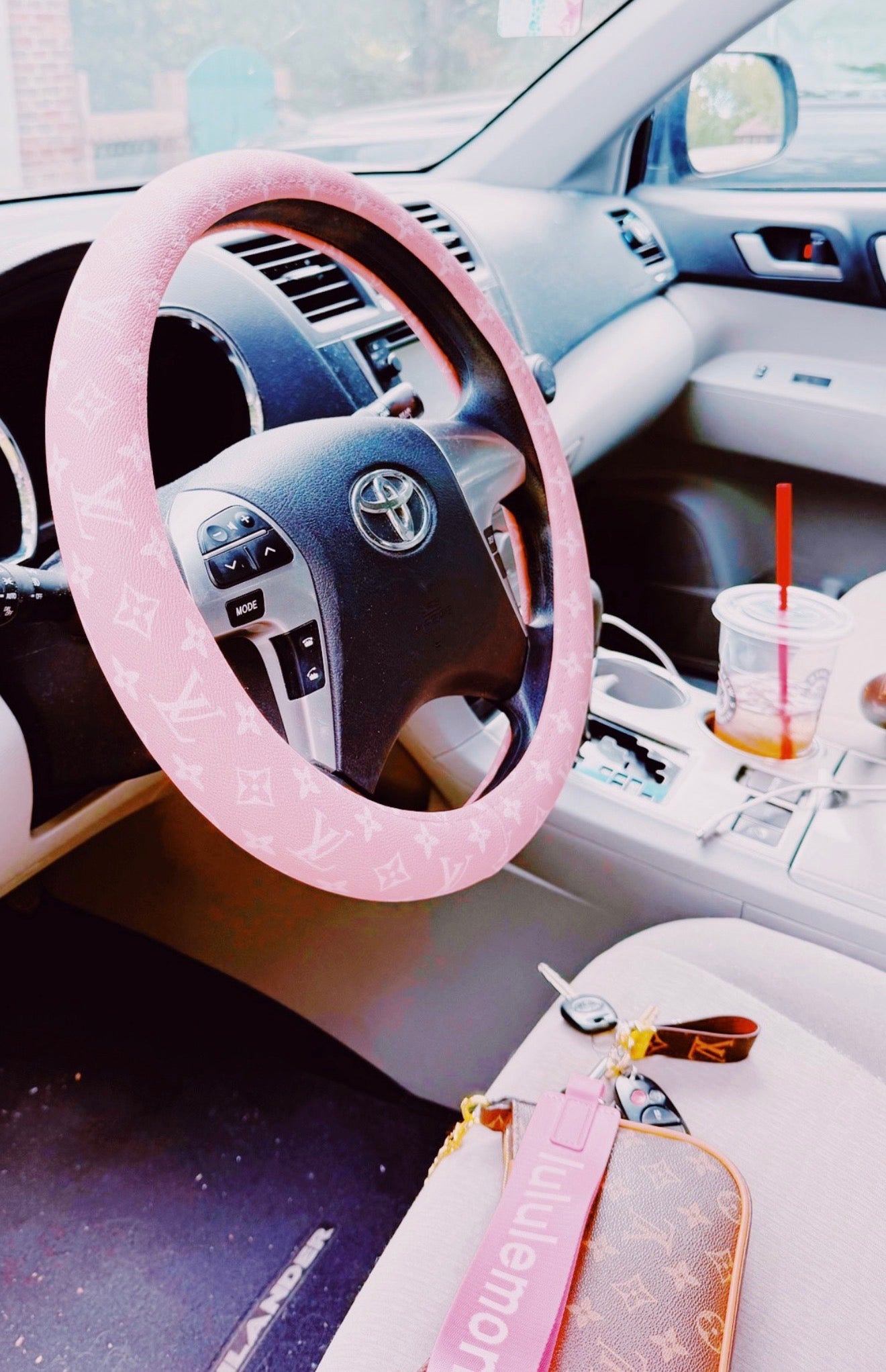 PINK MONOGRAM STEERING WHEEL COVER - UNIVERSAL FIT