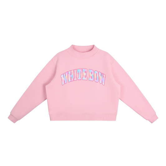 WHITE BOW Fleece Mock-Neck Sweatshirt — PINK