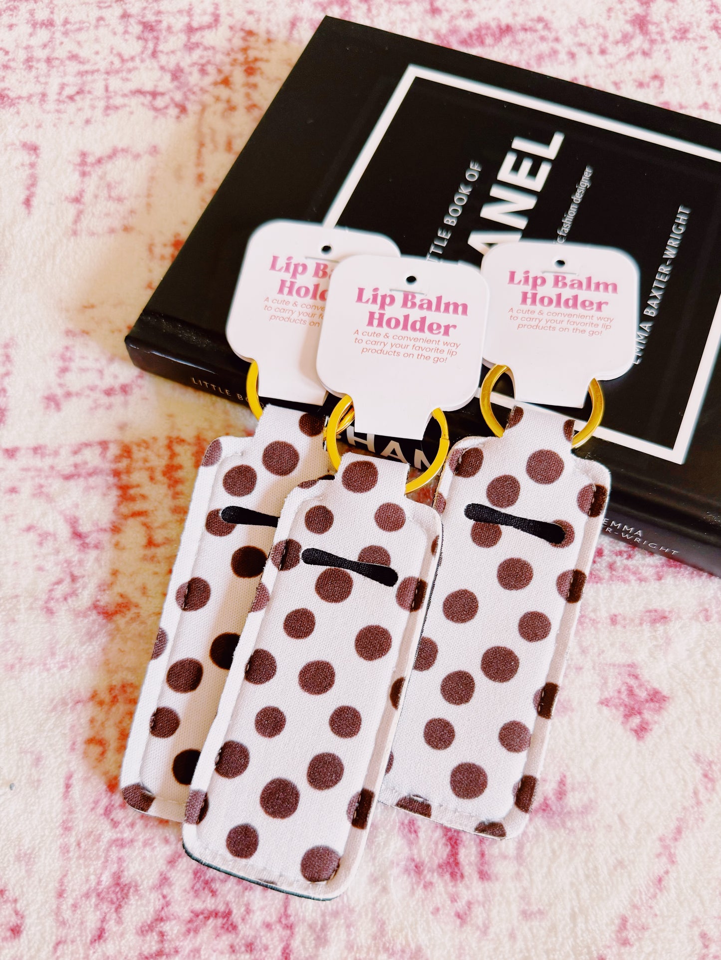 Lip Balm Key Chain Holder - Brown Polka Dots