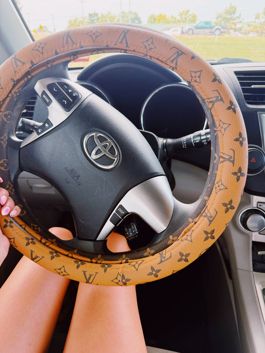 TAN LUXURY MONOGRAM STEERING WHEEL COVER - UNIVERSAL FIT - 10 LEFT