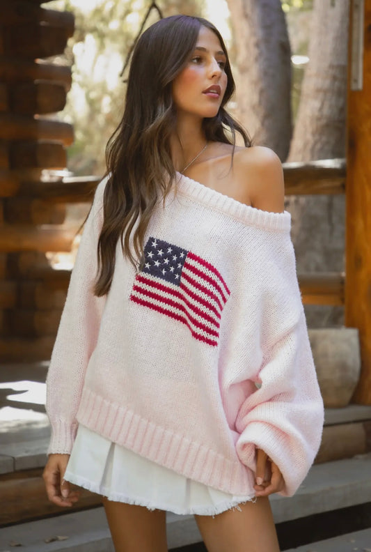 Brandi American Flag Knit Off The Shoulder Lounge Sweater