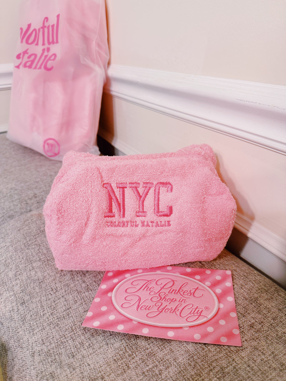 COLORFUL NATALIE PINK TERRY CLOTH MAKEUP BAG